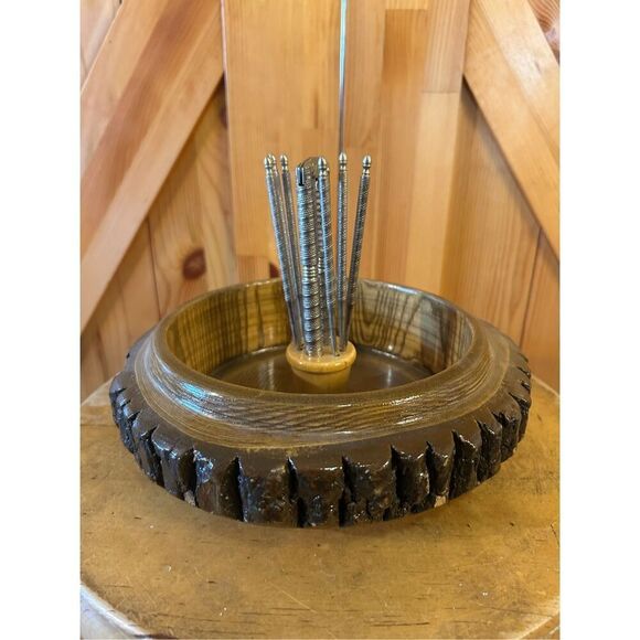 Vintage Ellwood Handmade Rusticware Wood Bark Nut Bowl w Nutcracker & Picks (852 - Picture 4 of 8